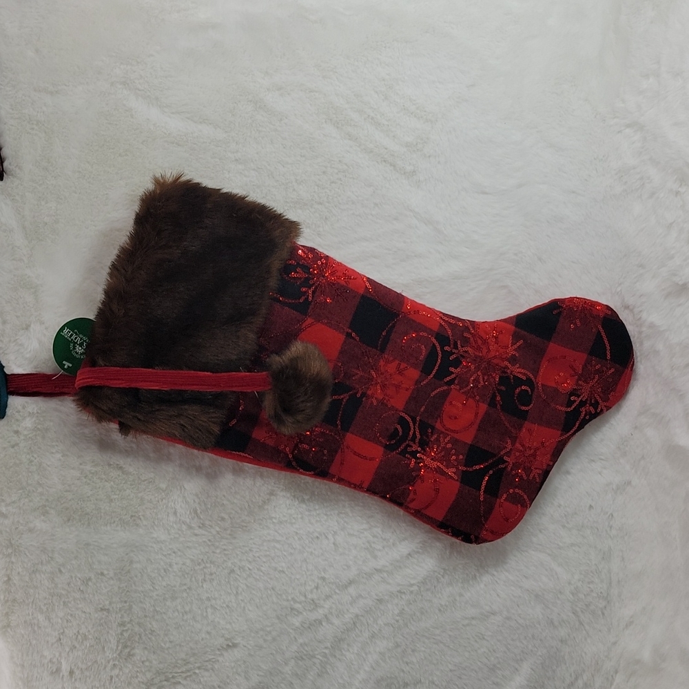 Red & Black Buffalo Plaid Christmas Stocking with Red Sequins